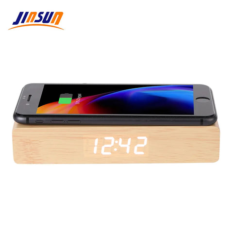 JINSUN Alarm Clock with Phone Wireless Charger LED Modern Digital Clock with Qi Charging  Electronic Desktop Clock Despertador