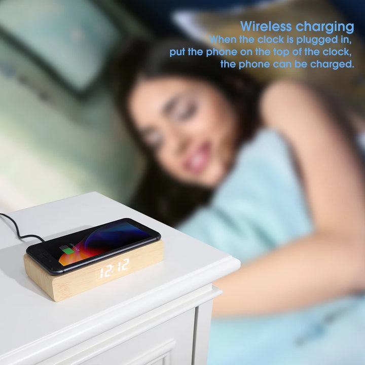 JINSUN Alarm Clock with Phone Wireless Charger LED Modern Digital Clock with Qi Charging  Electronic Desktop Clock Despertador